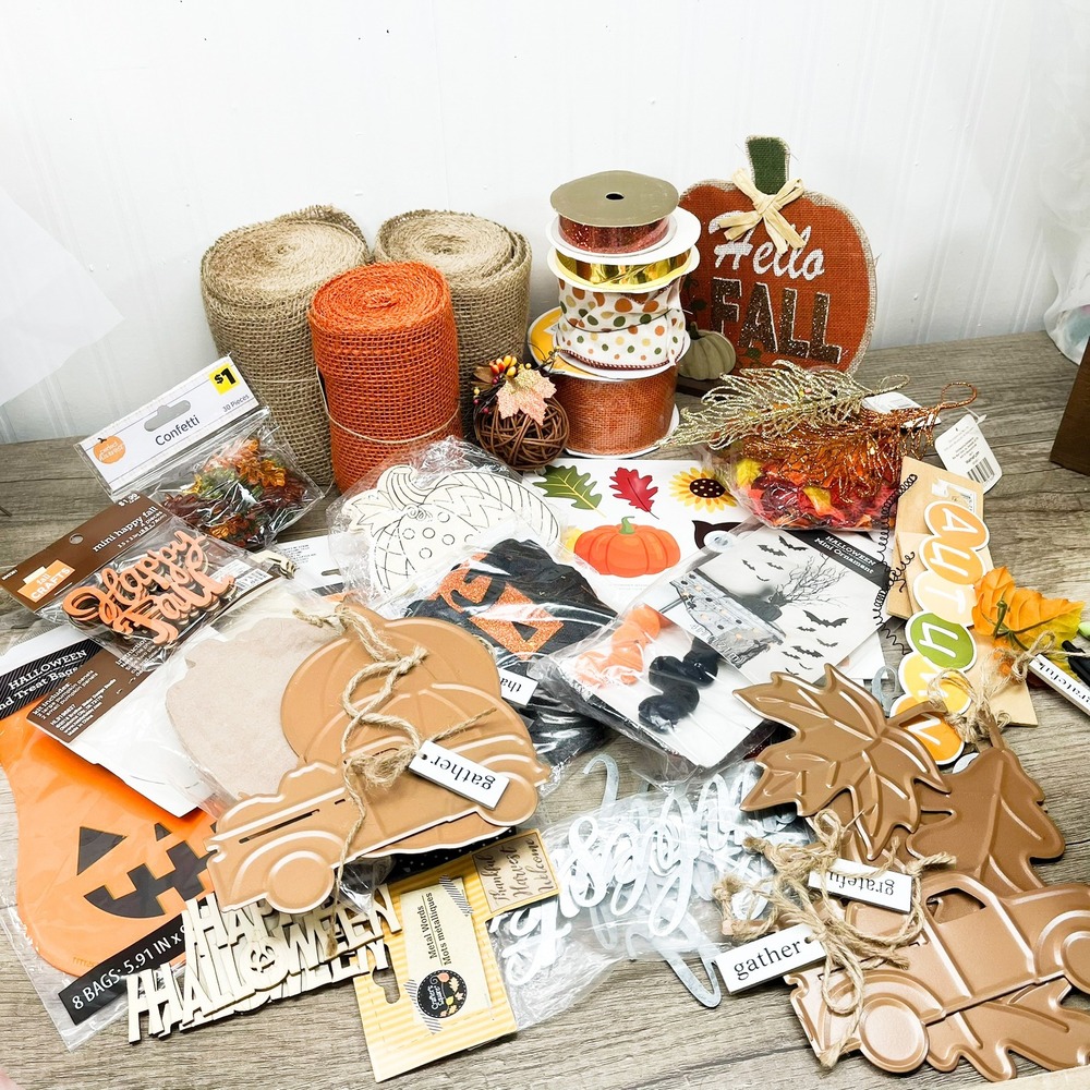 Fall and Halloween Craft Supply Lot Burlap Ribbon Wreath Making DIY Decor Bundle